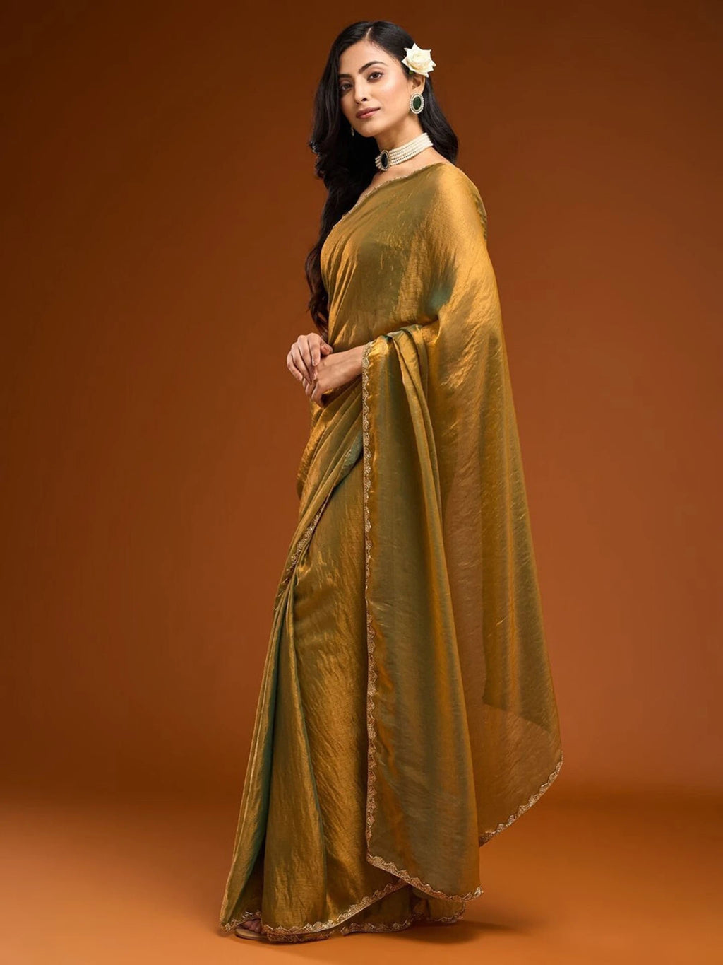 Golden Tissue Silk Saree Side View
