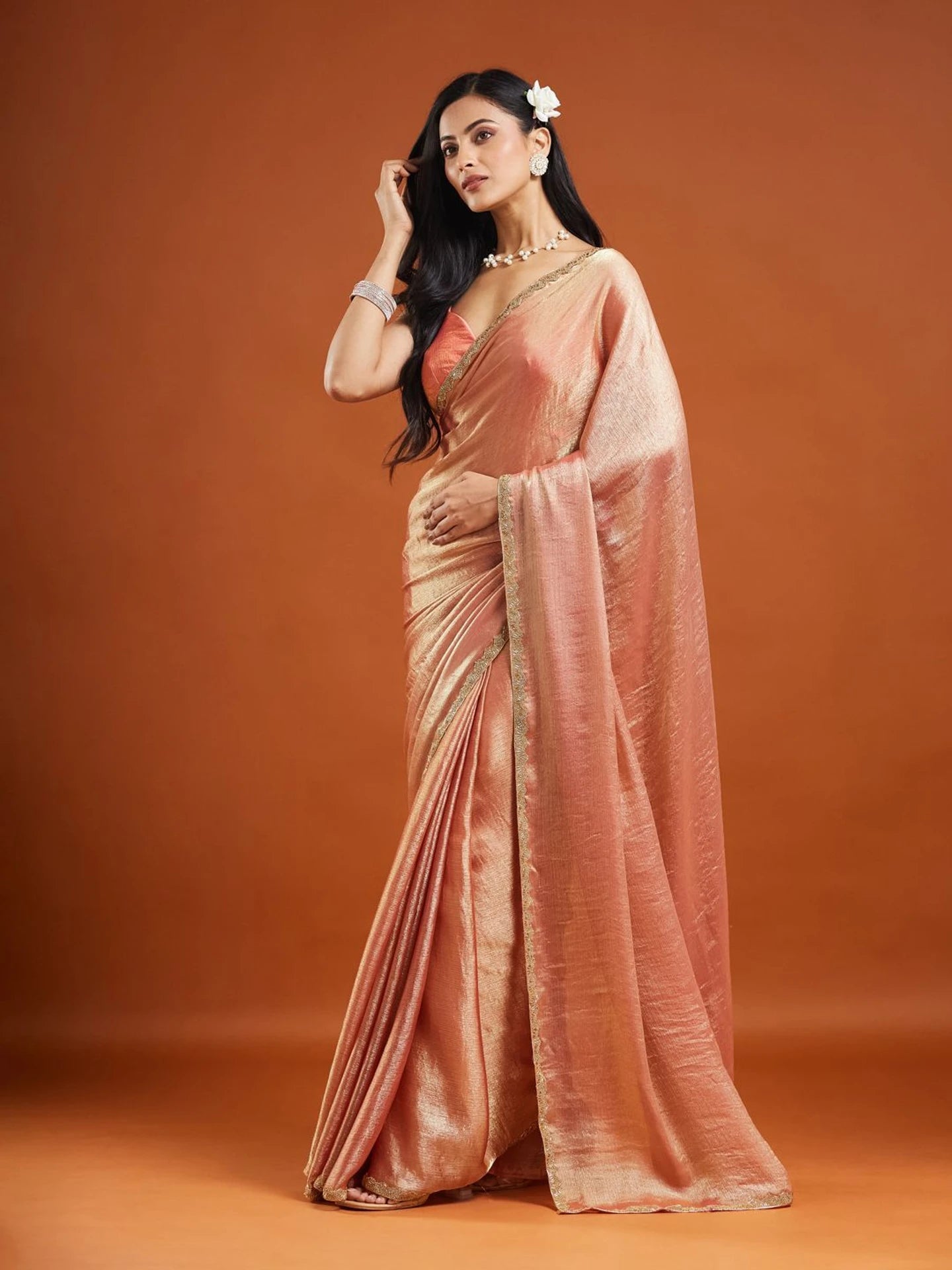 Peach Rose Tissue Silk Saree with Gold Lace Border
