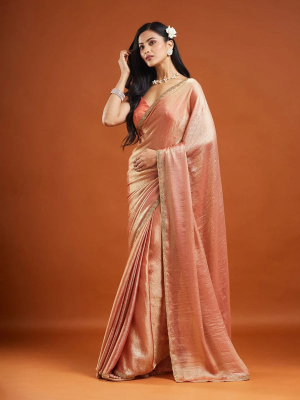 Peach Rose Tissue Silk Saree with Gold Lace Border