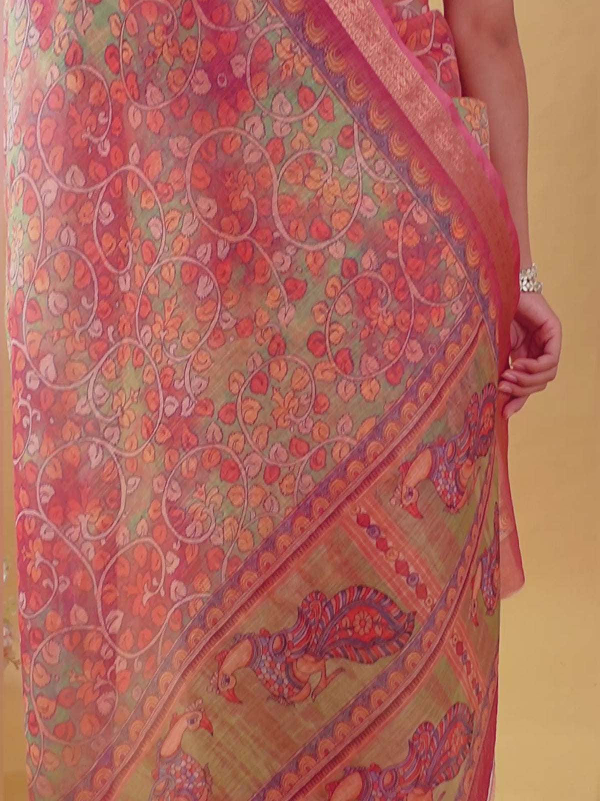 Mehndi Green & Pink Banarasi Tissue Silk Saree with Zari Jaal Weave | Unstitched Blouse