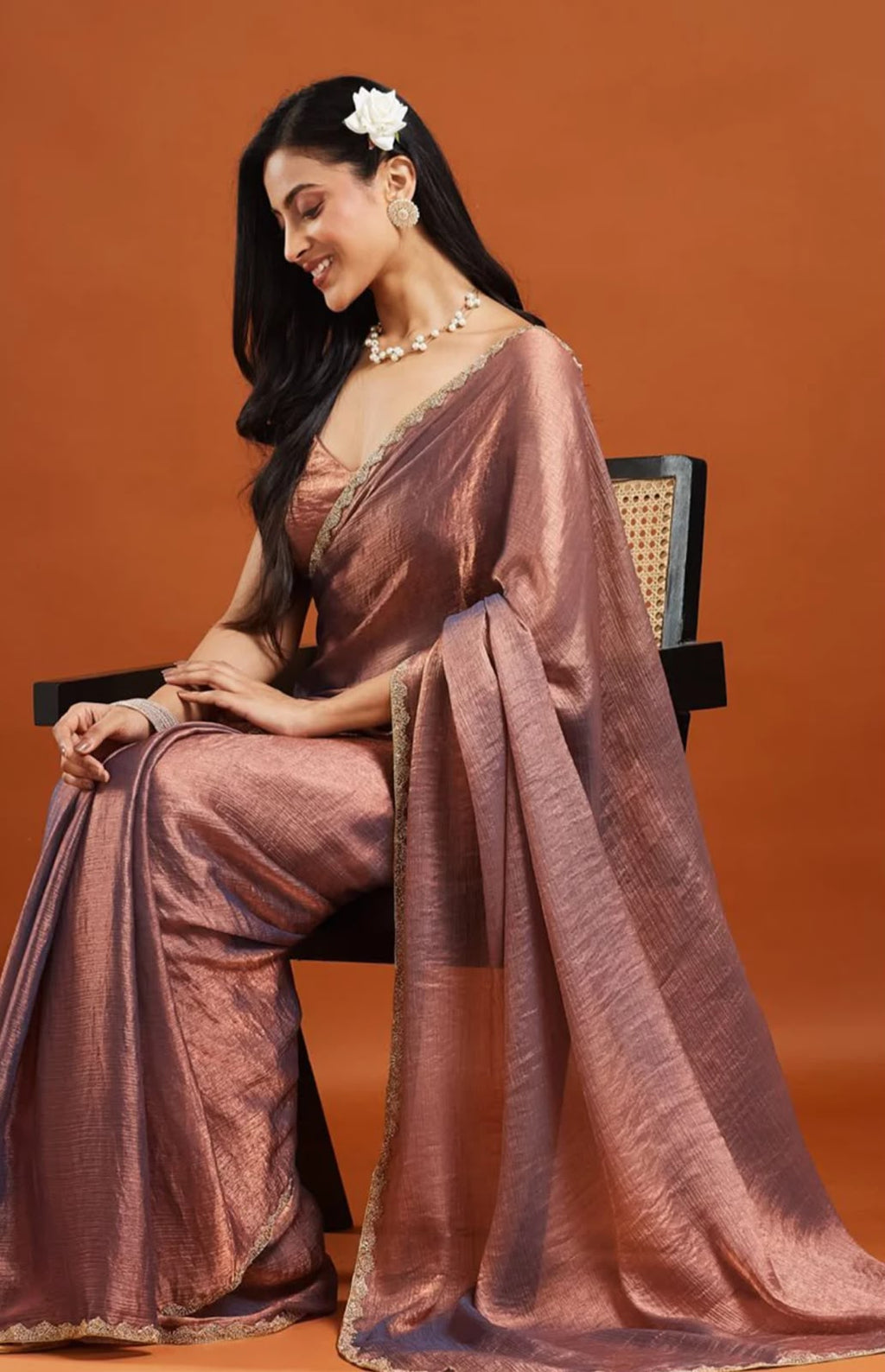 Peach Rose Tissue Silk Saree with Gold Lace Border