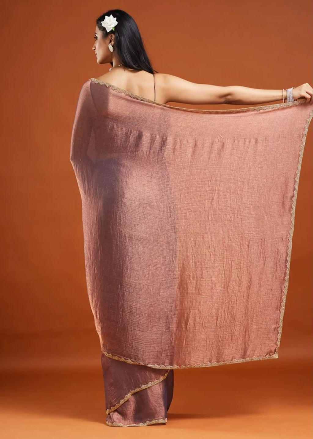 Peach Rose Tissue Silk Saree with Gold Lace Border